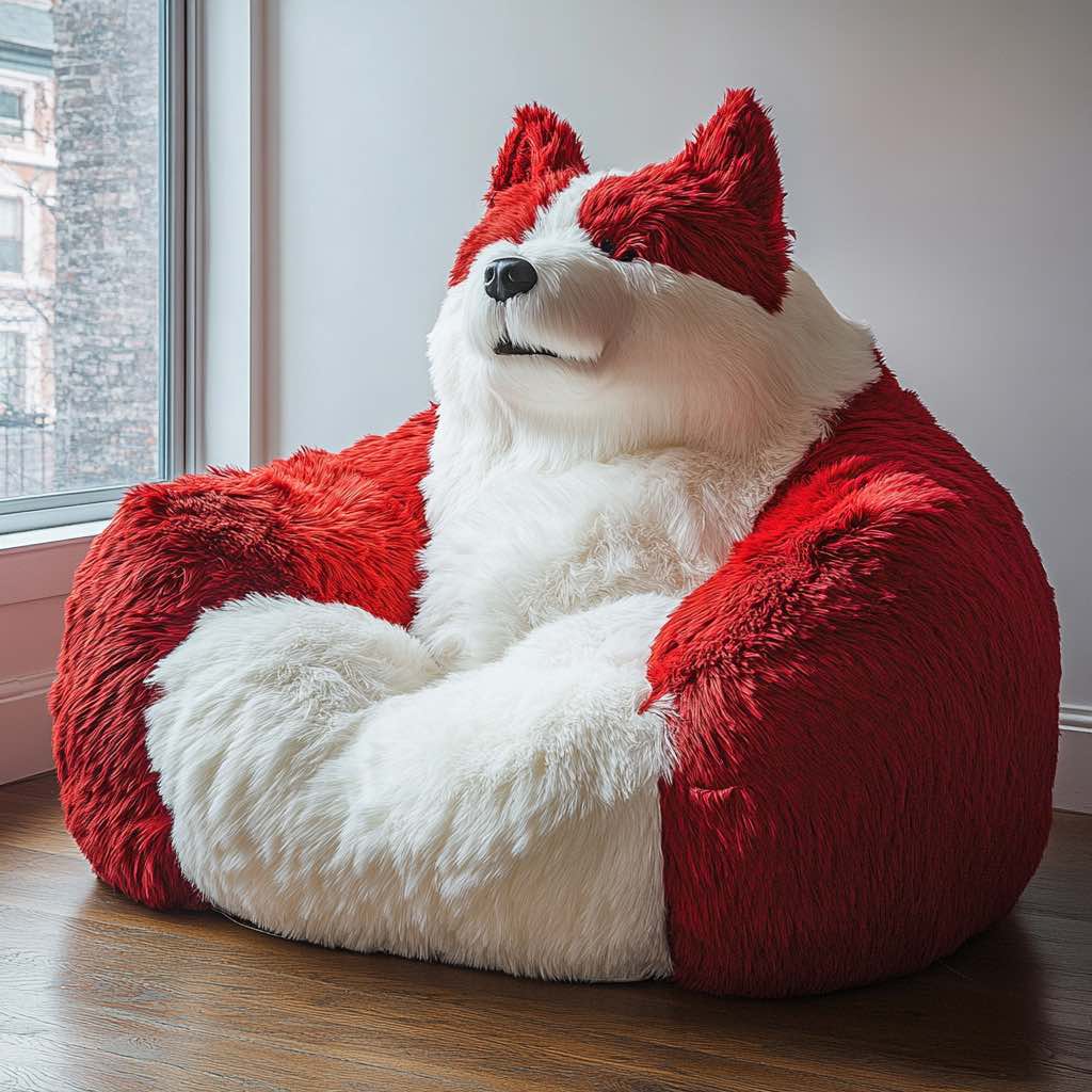 Bold red and white fluffy armchair designed to resemble a Husky dog by a window