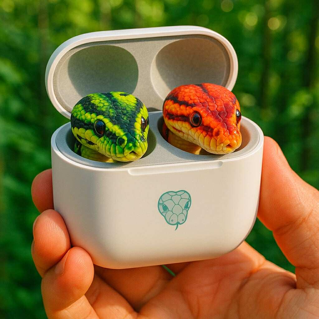 Colourful green and red snake heads in a white earbud case with a snake emblem