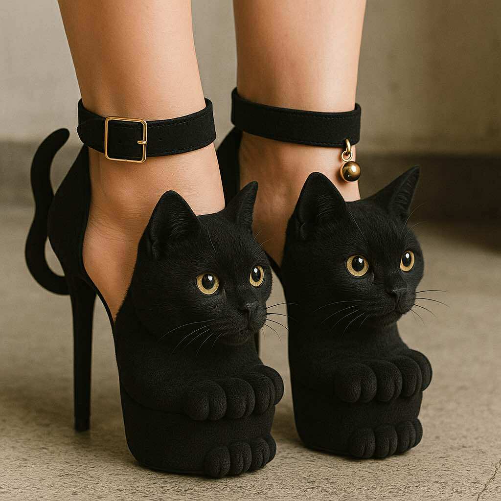  Black cat-themed platform heels with sculpted feline faces and curled tails