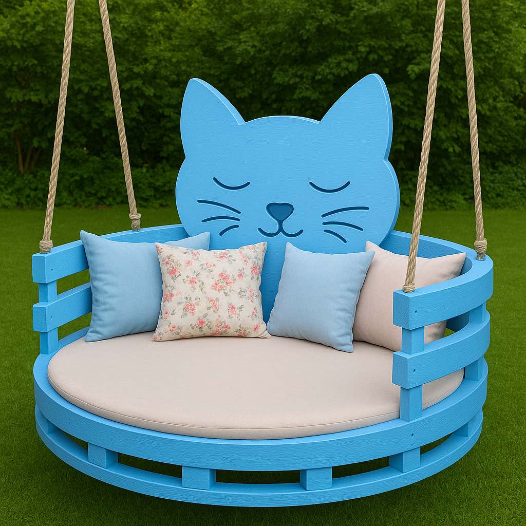 Sky blue cat-shaped outdoor swing chair with floral cushions in a green garden