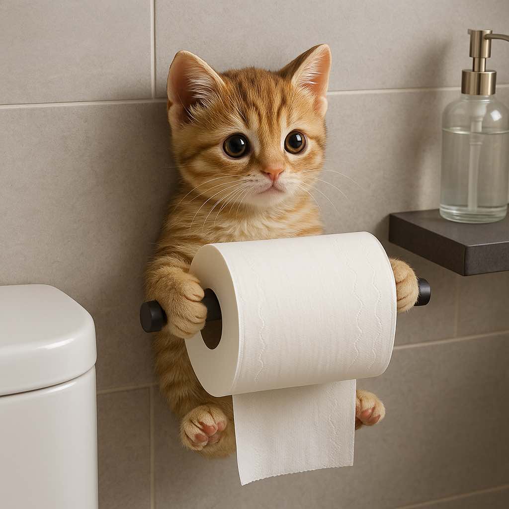 Ginger tabby kitten holding a toilet roll with a sweet expression in a tiled bathroom