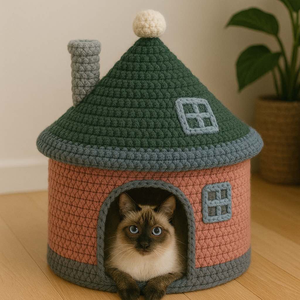 Siamese cat inside a rose pink crochet cat house with forest green roof and grey accents.