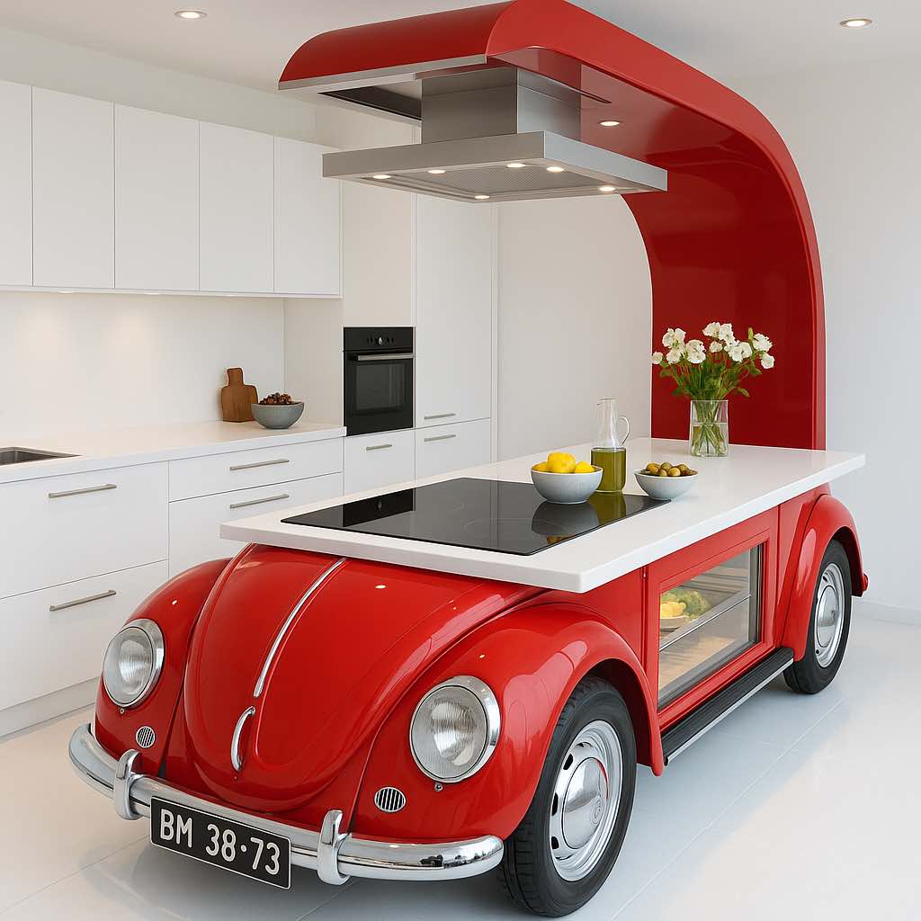 Bold red kitchen island modelled after a vintage car with stovetop and fridge drawers