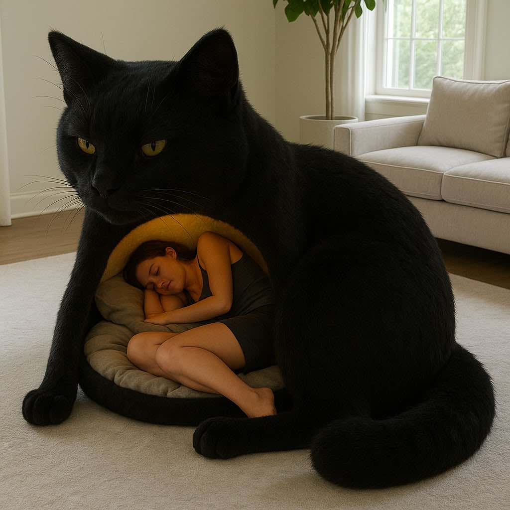 Woman sleeping inside a black cat-shaped bed in a modern living room