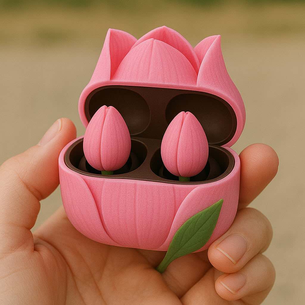 Hand holding tulip-shaped wireless earbuds in a pink flower-themed case with a green leaf detail.
