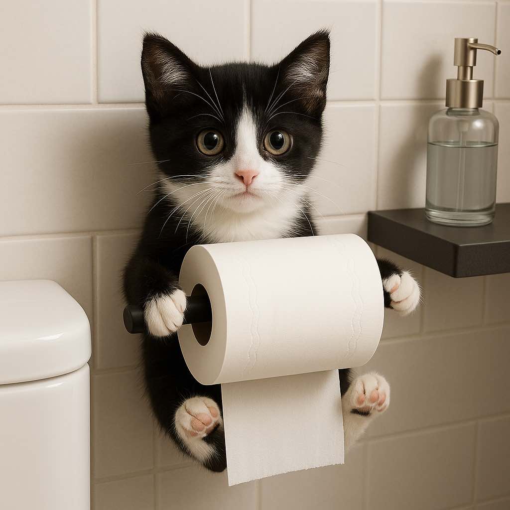 Tuxedo black and white kitten acting as a cute toilet paper holder
