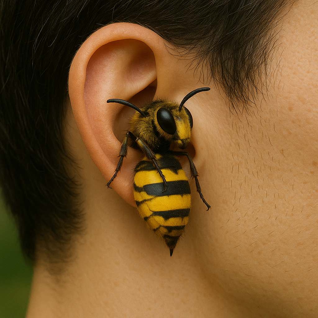 Hyperrealistic bumblebee-shaped wireless earbud worn in a human ear