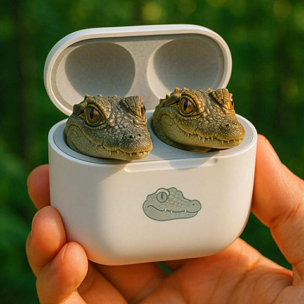 Pair of crocodile heads emerging from a white pod case, with crocodile illustration on the casing