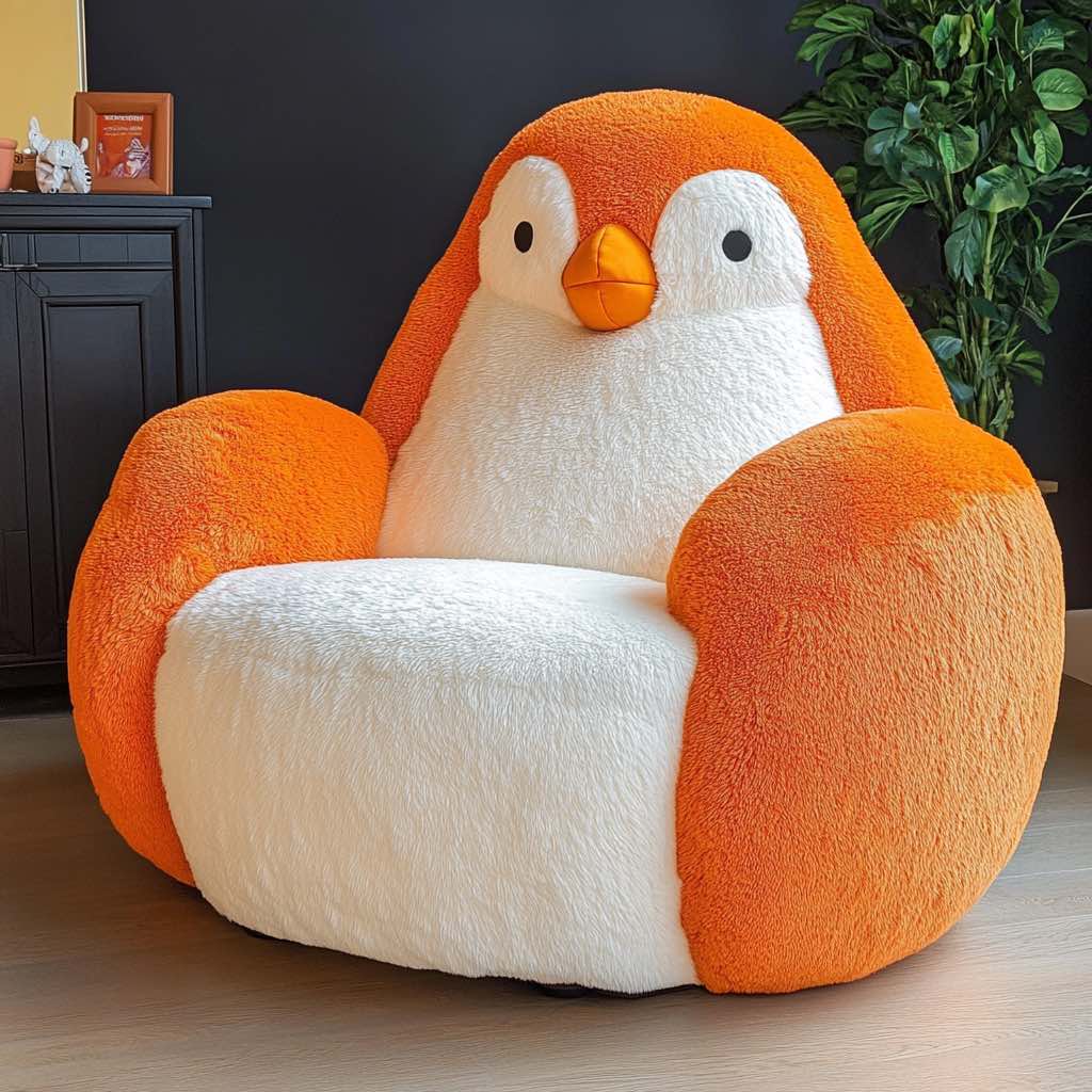 Oversized orange penguin lounge chair with plush fur in a bright, airy living room.