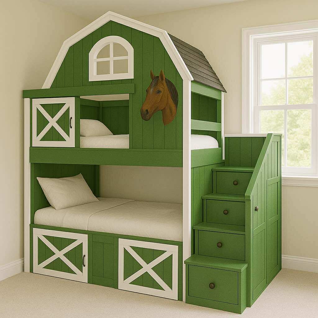 Green barn-themed bunk bed with staircase drawers and horse mural in a child’s bedroom