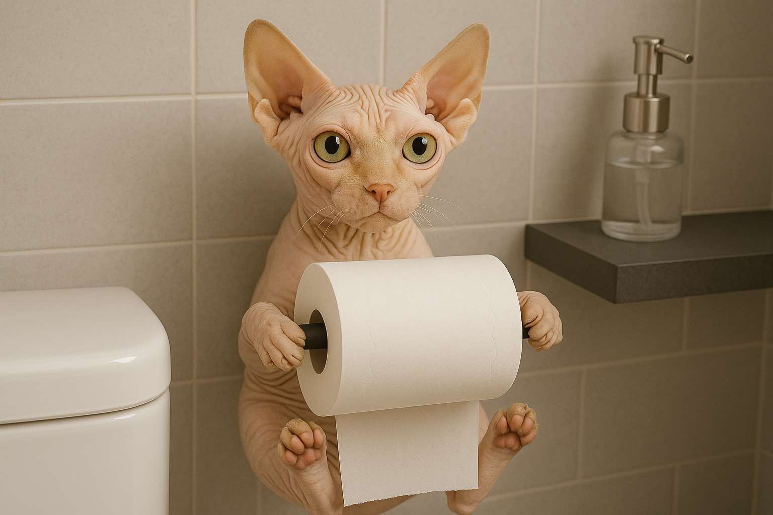 Hairless sphynx cat holding toilet paper in a stylish modern bathroom