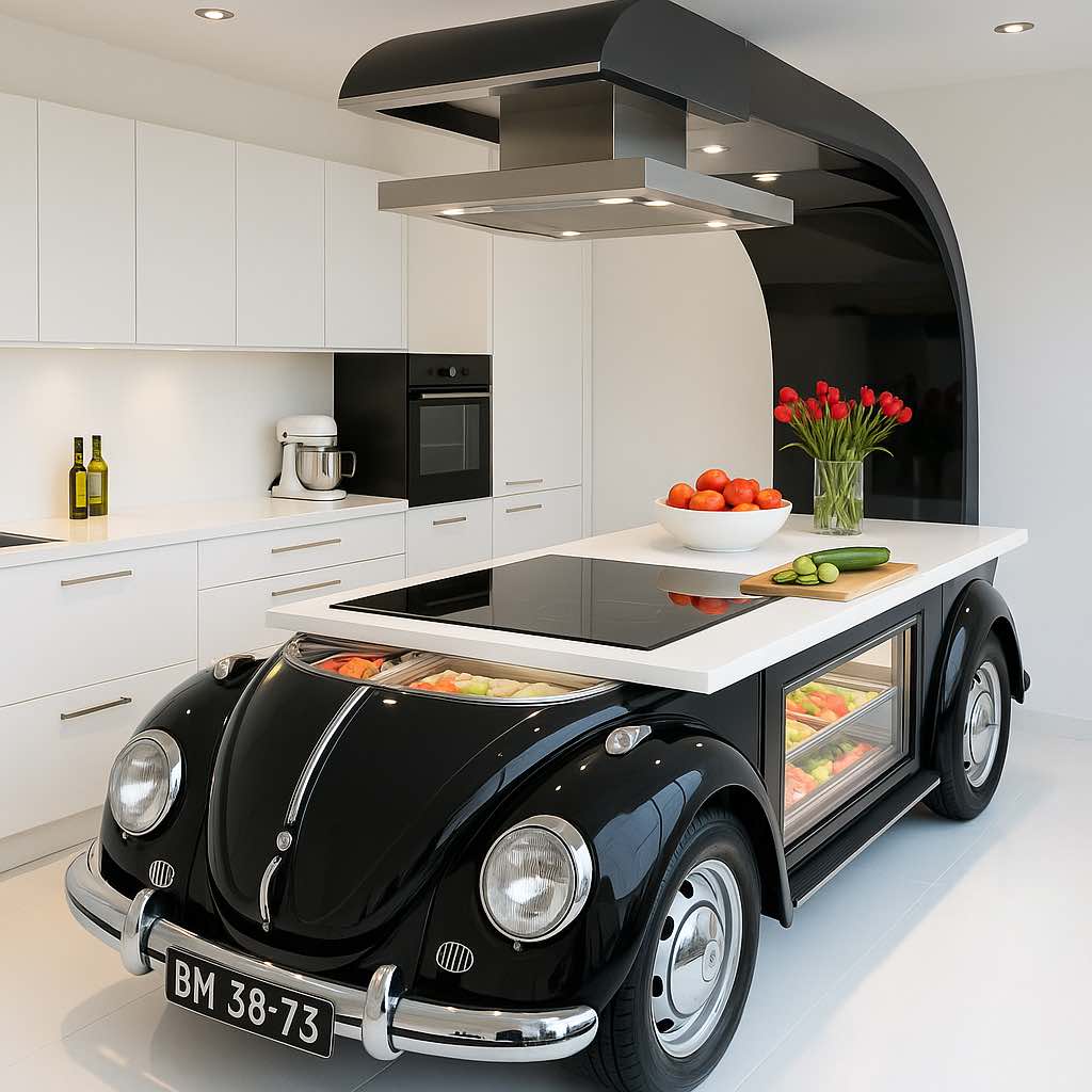 Modern kitchen island designed from a black vintage car with built-in hob and fridge