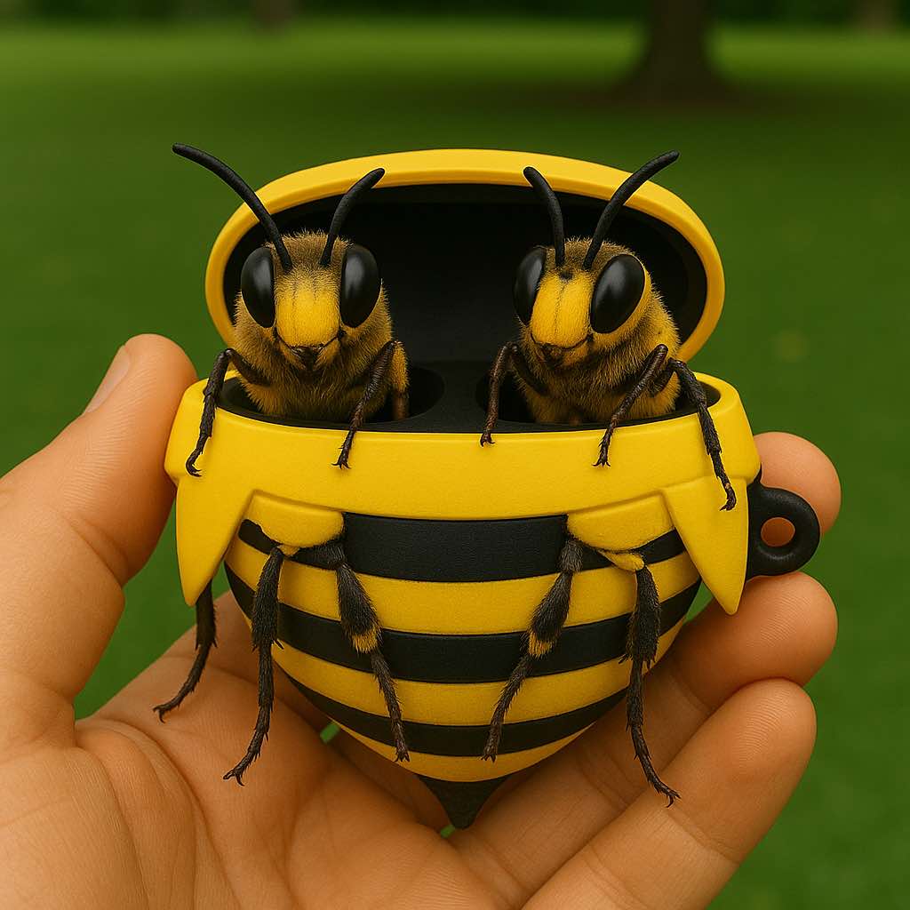 Yellow and black bee-themed wireless earbuds sitting inside a matching striped charging case