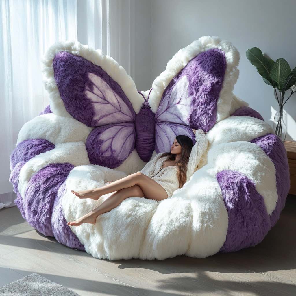 Oversized butterfly armchair in purple and white faux fur with detailed wing pattern and soft textures.