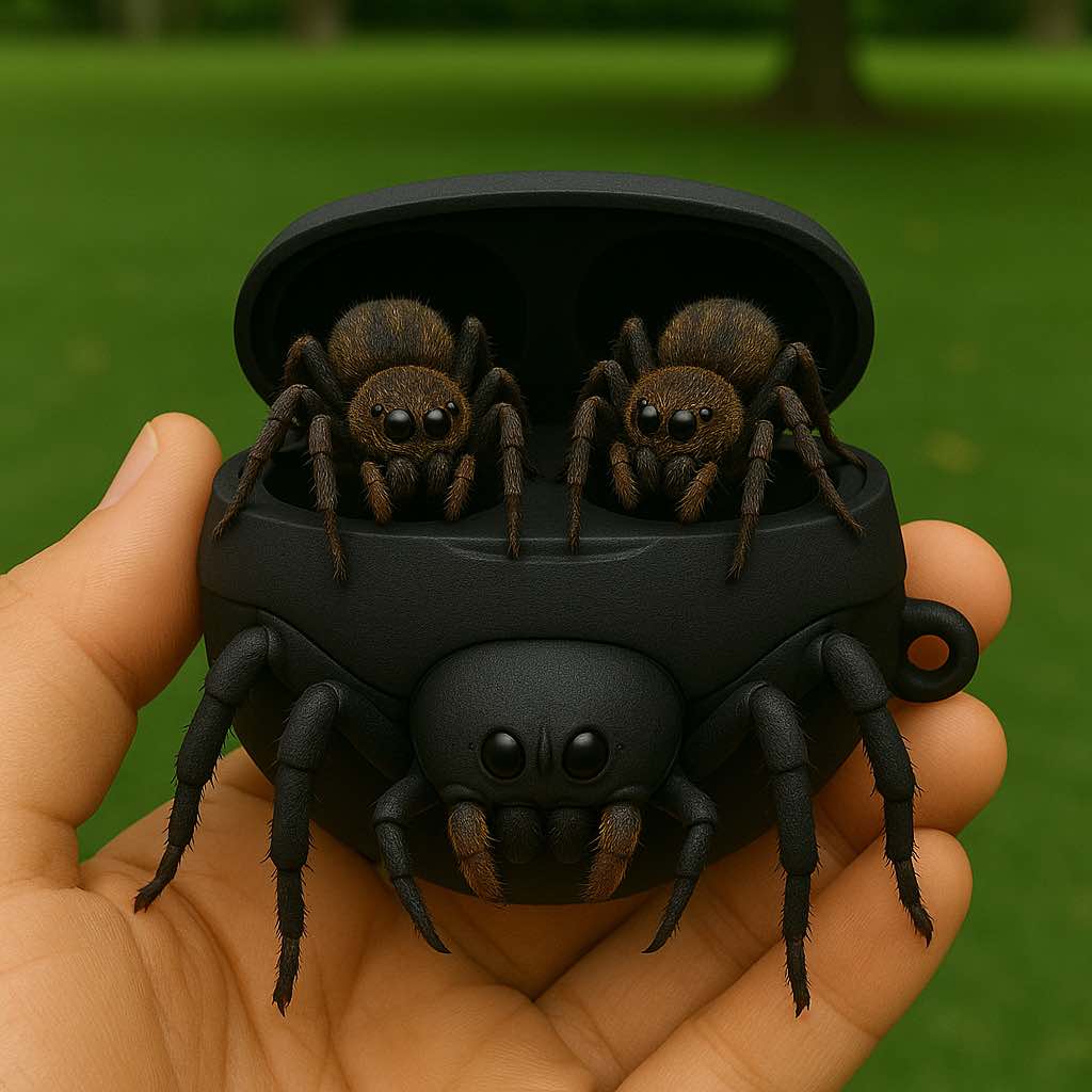 Black spider-shaped charging case holding two fuzzy tarantula wireless earbuds
