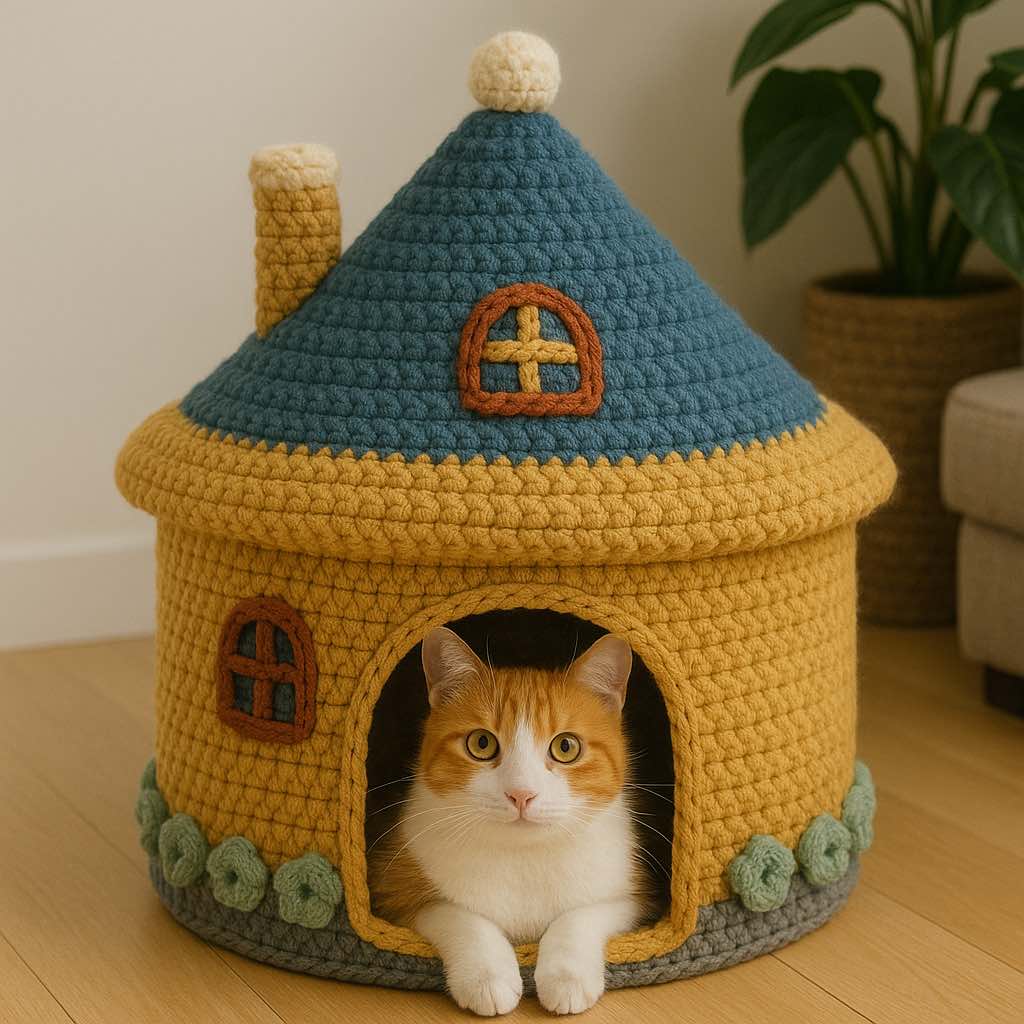 Orange and white cat inside a yellow and blue crochet cat house with round windows and a pom-pom roof.