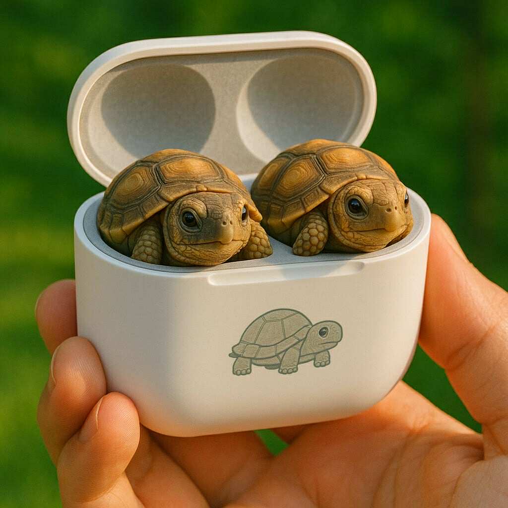 Two baby turtles in a white earbud pod case with a turtle icon on the front