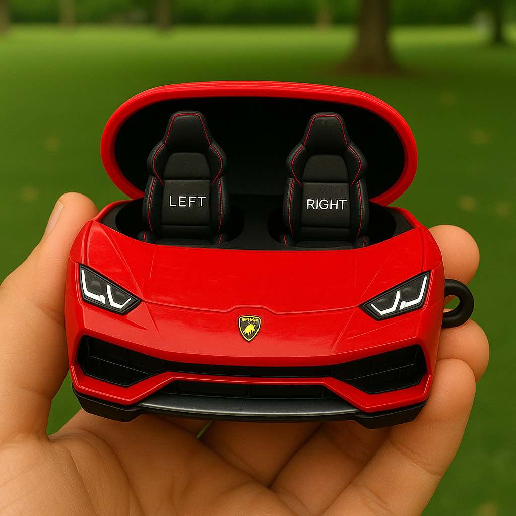 Red Lamborghini earbud case with earbuds modelled as sports car seats labelled left and right.