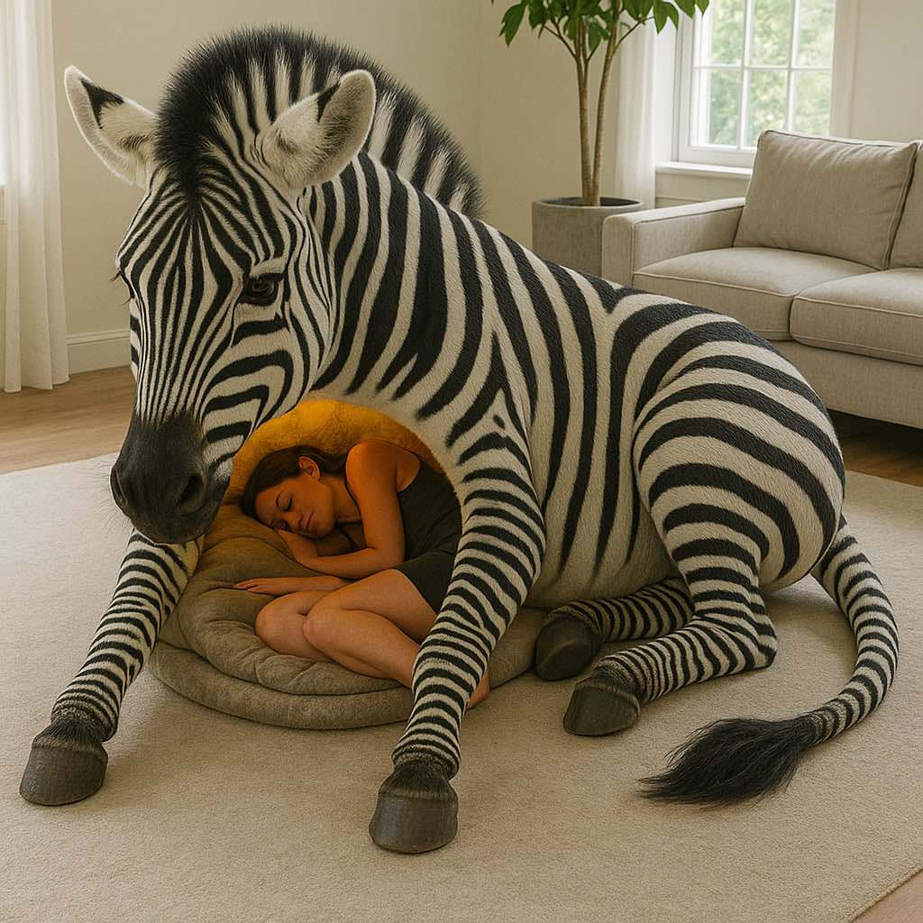 A giant zebra-shaped bed with a glowing belly pod, where a woman sleeps peacefully inside.
