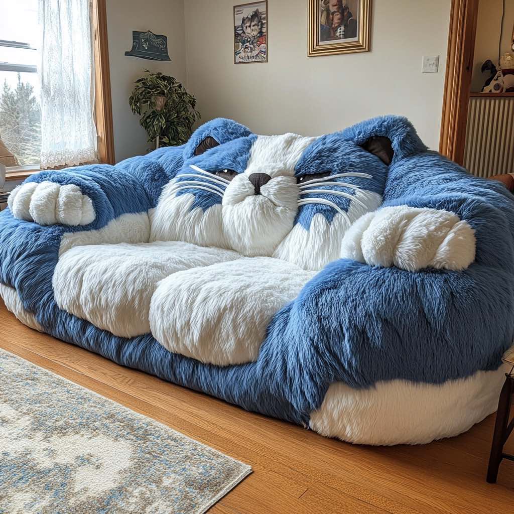 Oversized plush sofa shaped like a blue and white cat with a lifelike expression, set in a cosy living room.