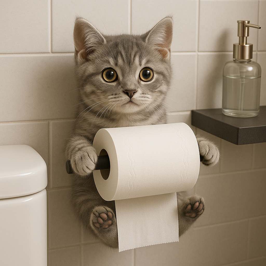 British Shorthair grey tabby kitten holding a toilet roll against cream tiles