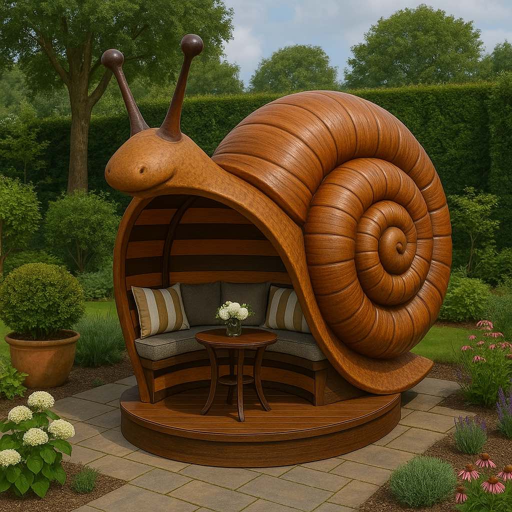 Cosy garden seating pod designed as a giant wooden snail with cushions and a table inside.