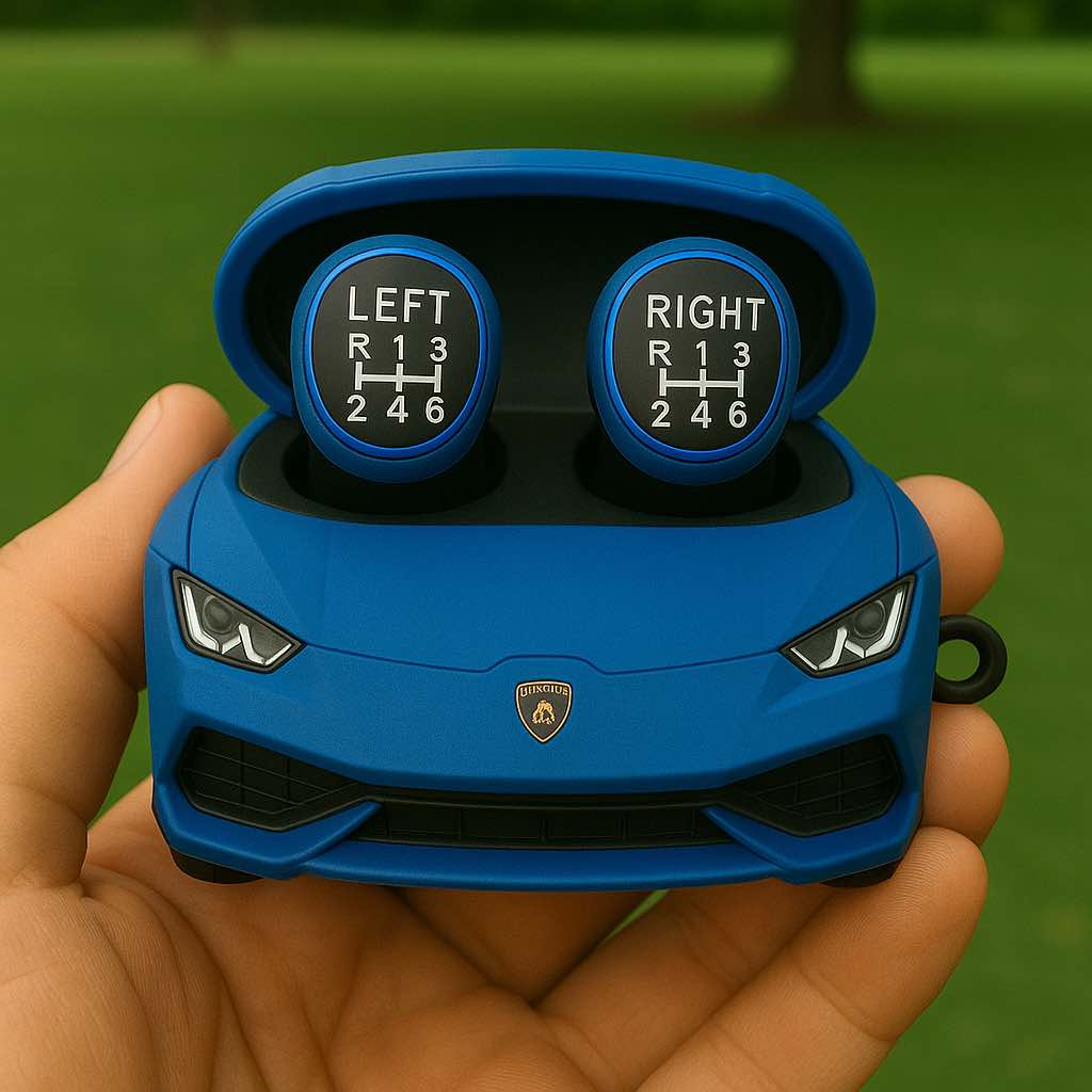 Blue Lamborghini earbud case featuring left and right earbuds shaped like manual gear sticks.