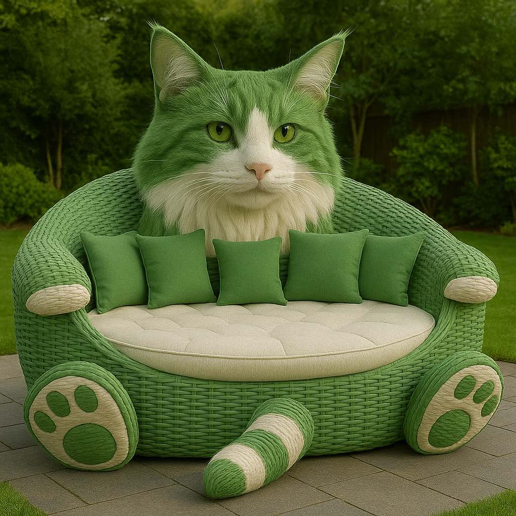 Green oversized cat-shaped sofa with matching cushions in a garden setting surrounded by trees