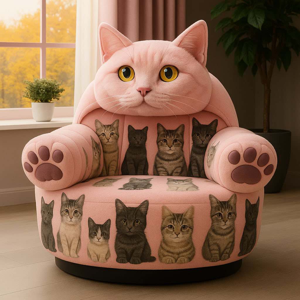 A large pink cat-shaped armchair decorated with realistic kitten images and paw-print armrests