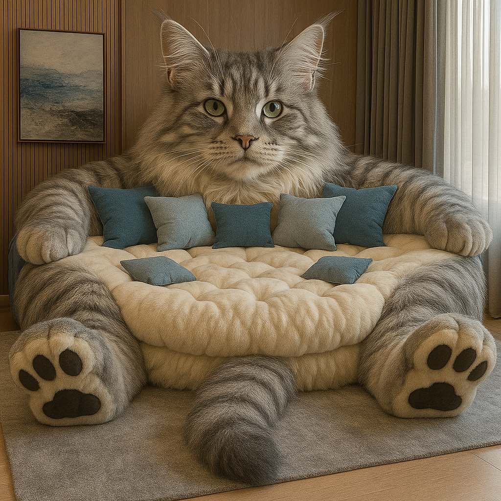  Plush grey cat-shaped sofa with blue and light grey cushions in a modern lounge setting.
