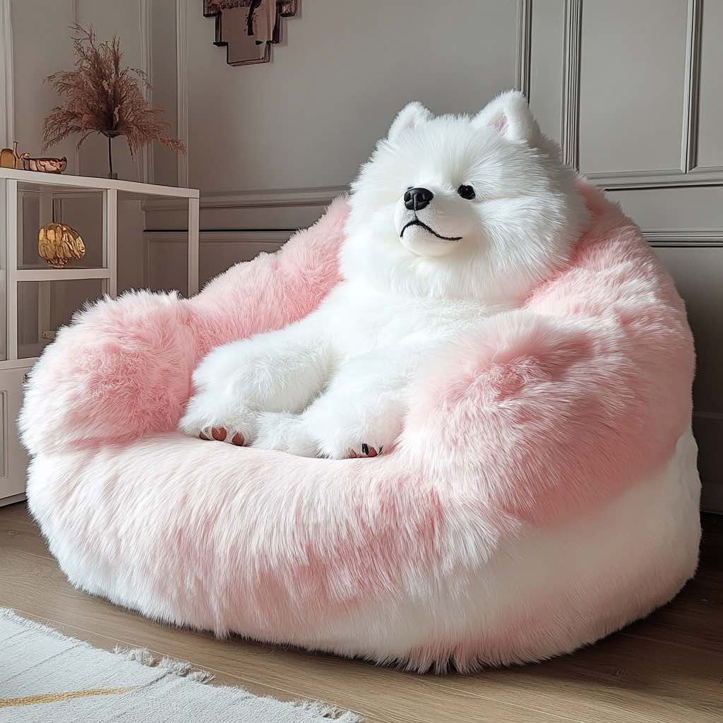 Soft pink and white plush armchair styled as a Samoyed dog in a pastel-themed room