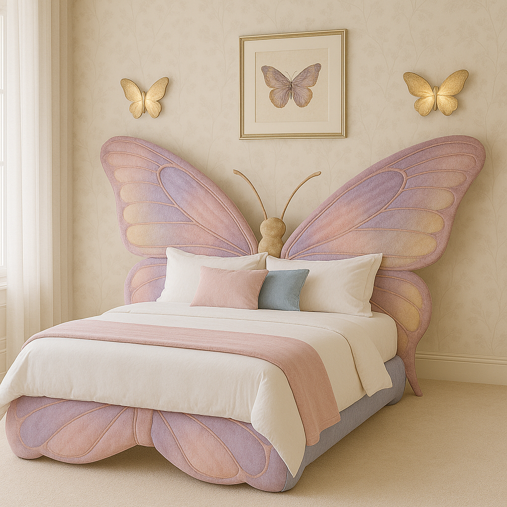 Delicate pastel butterfly-shaped bed with pink and lavender details in an airy, neutral bedroom