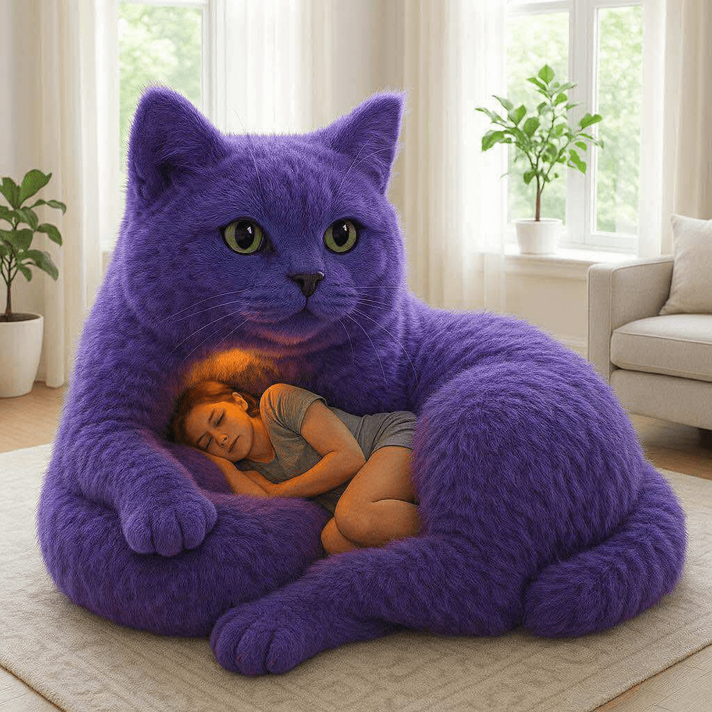A plush purple cat-shaped sofa holds a sleeping woman in a cosy glowing interior setting.