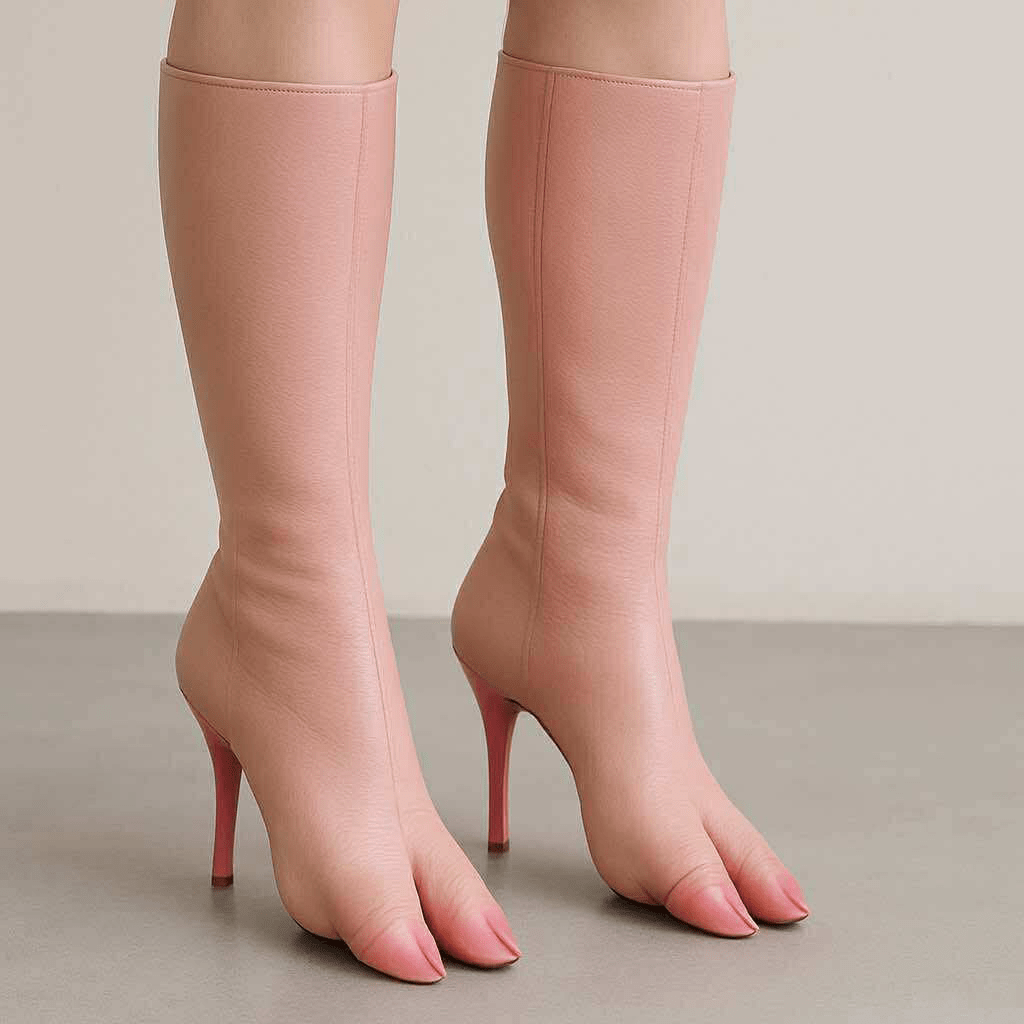 Pink high heel boots shaped like extended human toes