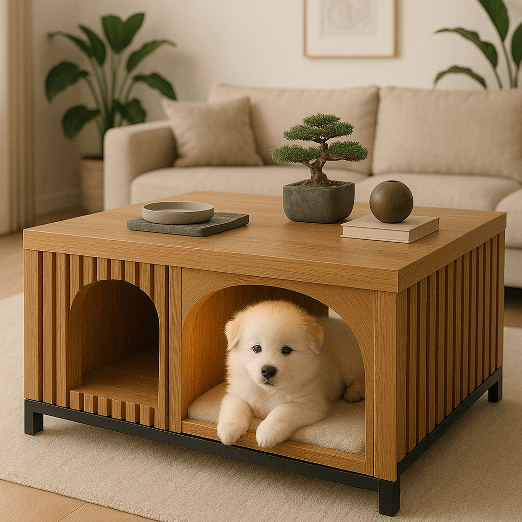Stylish wooden coffee table with slatted sides and built-in pet nook, housing a small fluffy puppy.