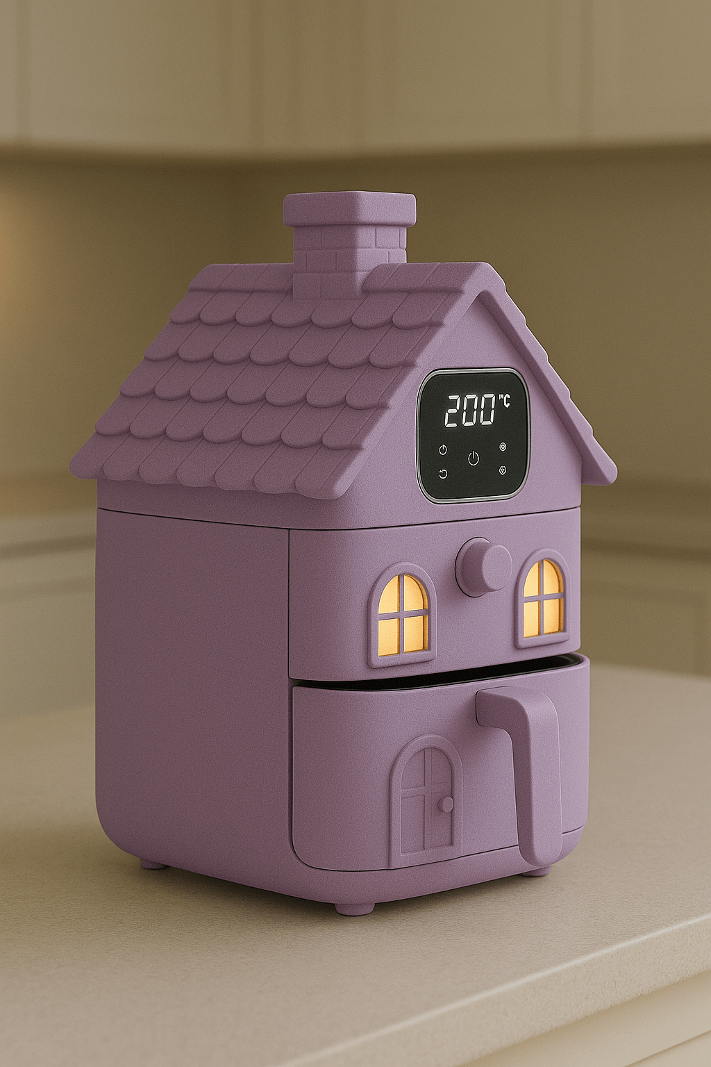 A lavender purple air fryer shaped like a whimsical house with a chimney, rounded windows, and a digital temperature display.