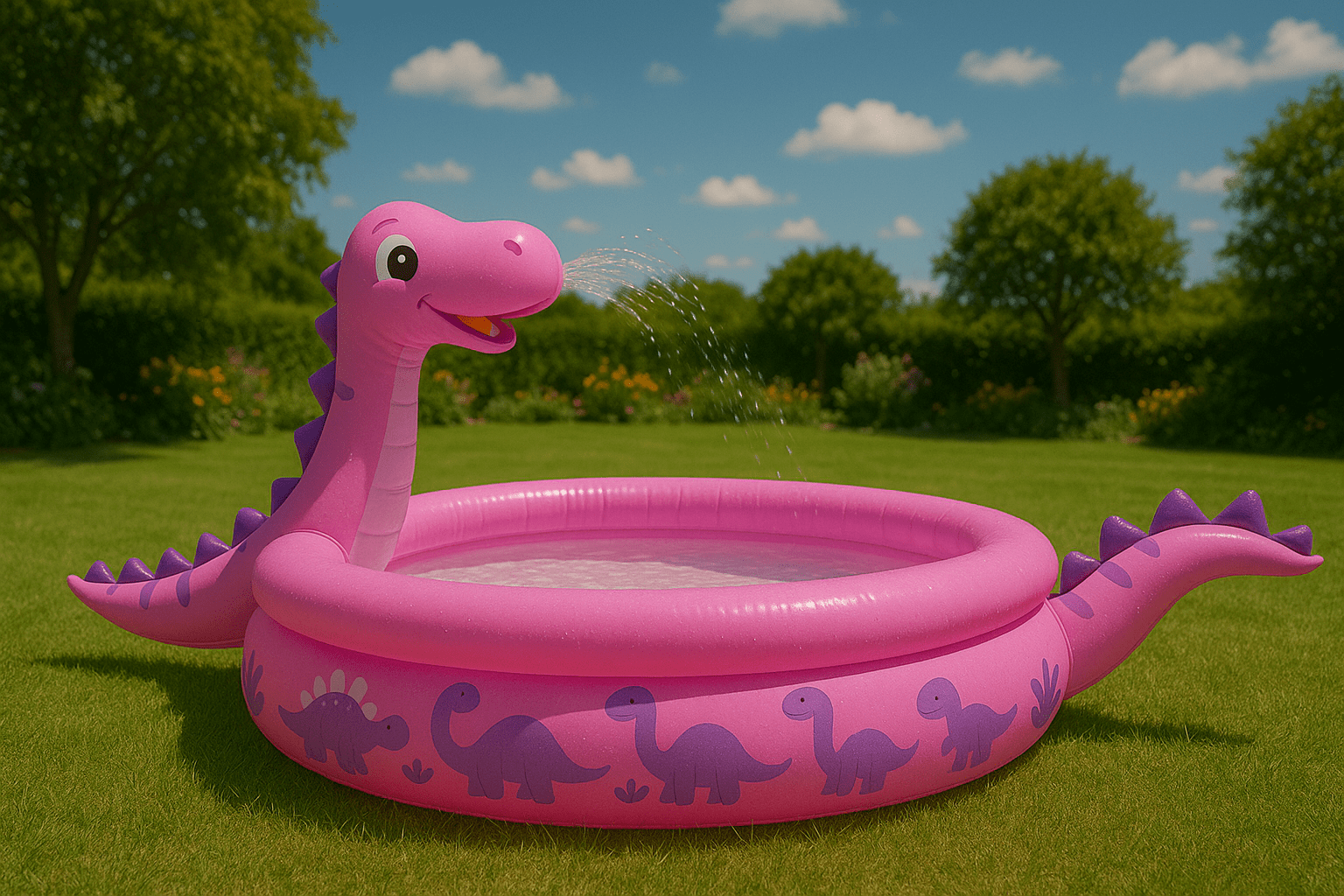 nflatable pink dinosaur paddling pool with water spraying from the dinosaur’s mouth in a sunny garden.