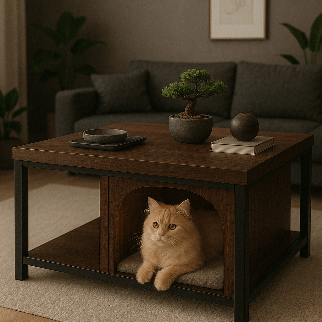 Dark wood and metal coffee table with a built-in nook housing a ginger cat in a cosy living room.