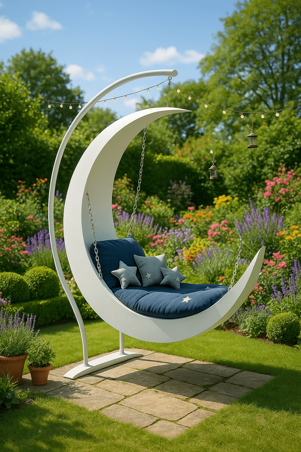 Cream crescent moon swing chair with burnt-orange cushions and star pillows on a garden patio