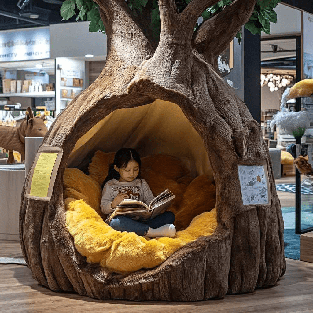 Girl reading a storybook inside a large tree pod lined with bright yellow plush cushions