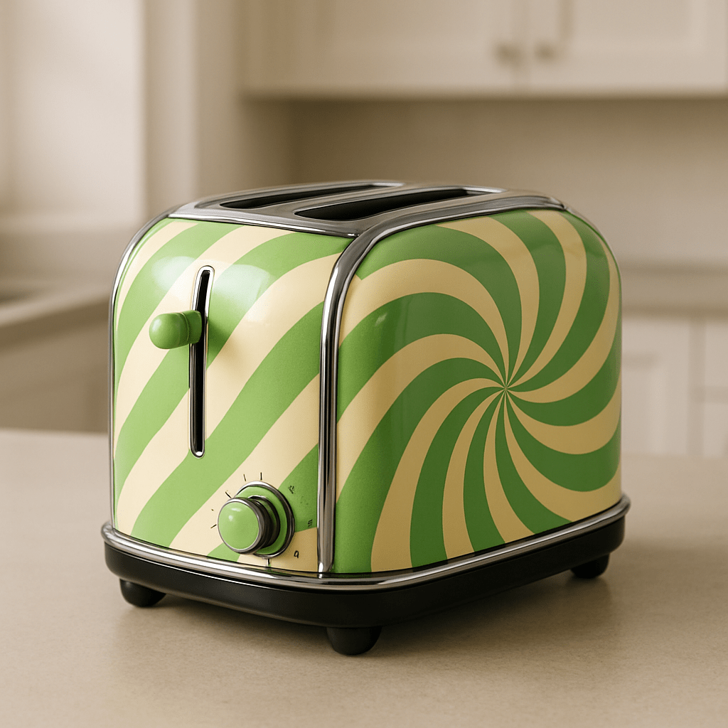 A green and cream swirl-patterned toaster on a neutral-toned kitchen counter.