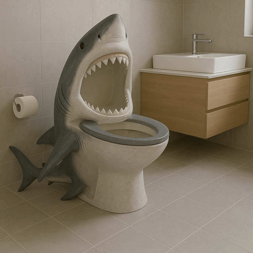 A dramatic shark-themed toilet with the bowl inside an open shark mouth, featuring sharp teeth.