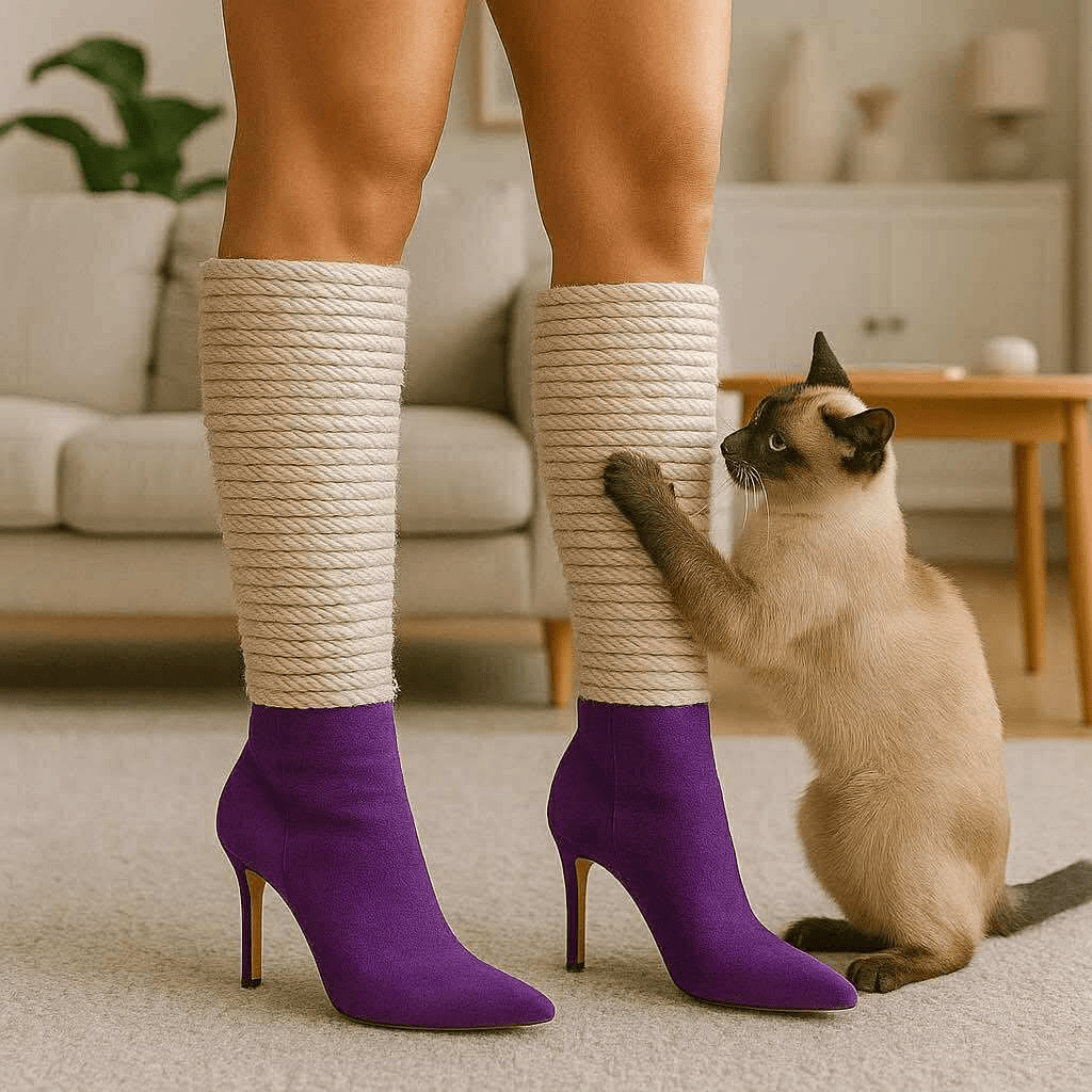 Purple stiletto boots with rope detail, worn indoors with a curious cat pawing at the boot.