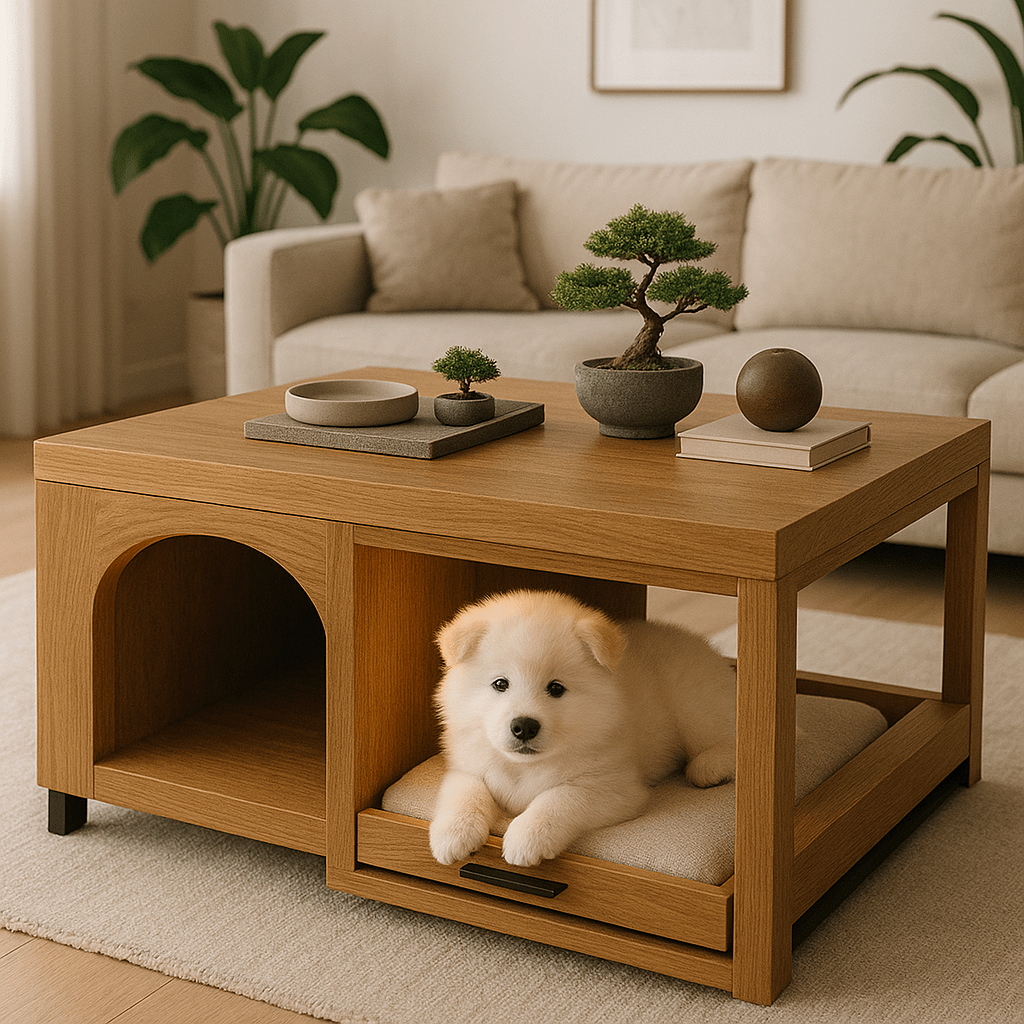 Warm oak coffee table with a slide-out dog bed drawer, featuring a fluffy white puppy lounging inside.