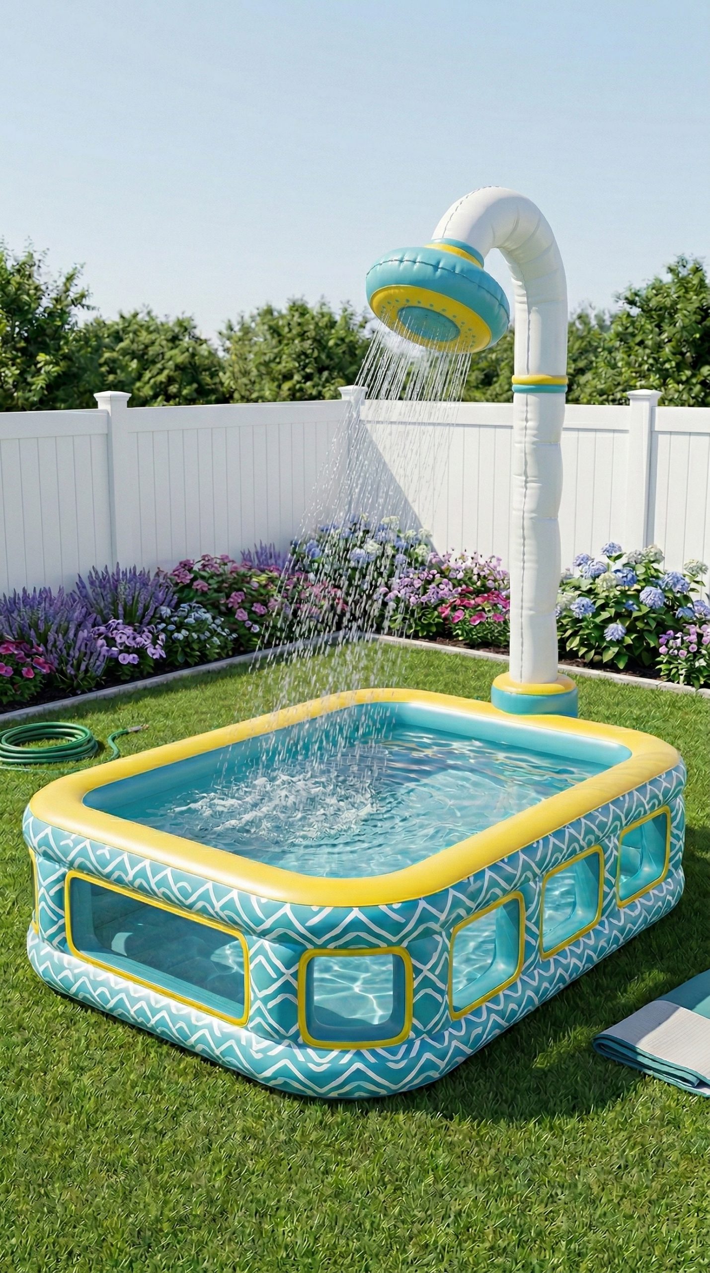 Rectangular inflatable paddling pool with built-in shower sprinkler feature set on green lawn in a sunny garden