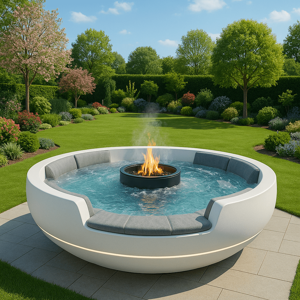 Sleek white fire pit hot tub with integrated seating set on a stylish garden patio