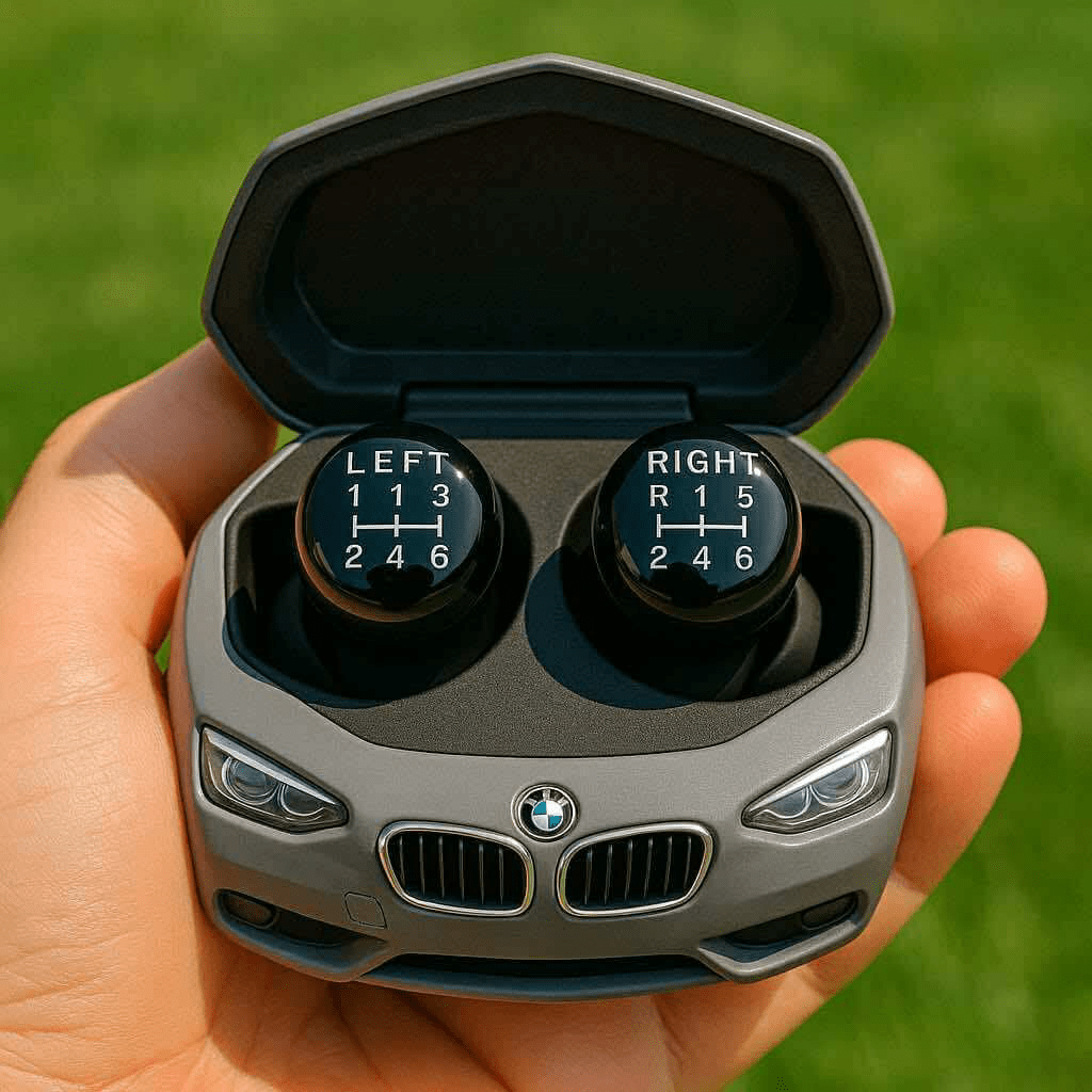 Matte grey BMW-themed wireless earbuds with manual gear markings