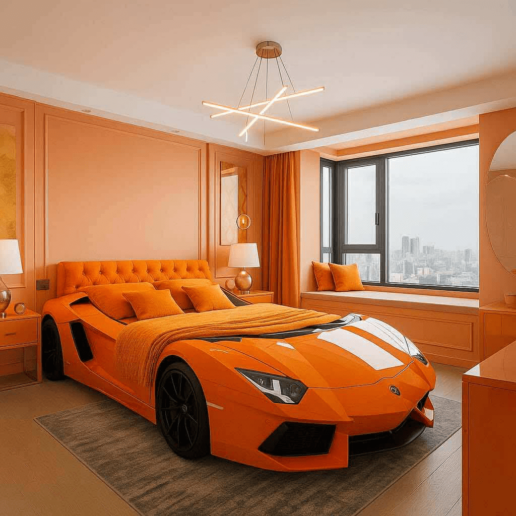  Bold orange car-shaped bed in a modern luxury bedroom with warm lighting and orange accents