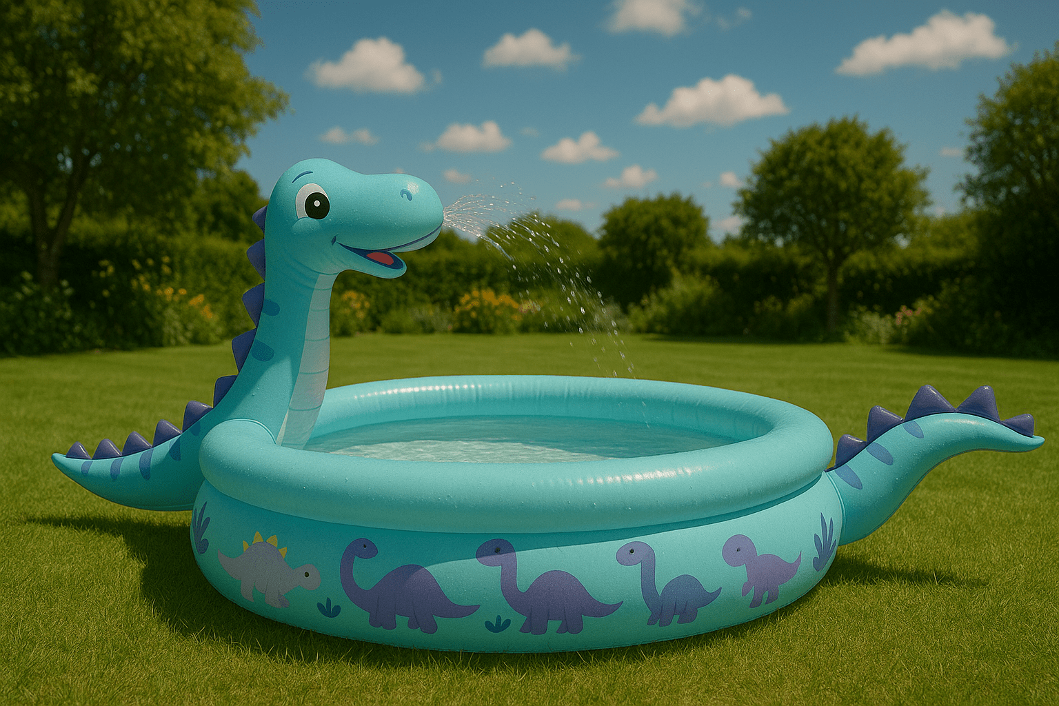 Inflatable blue dinosaur-themed splash pool with a sprinkler in a vibrant outdoor garden.