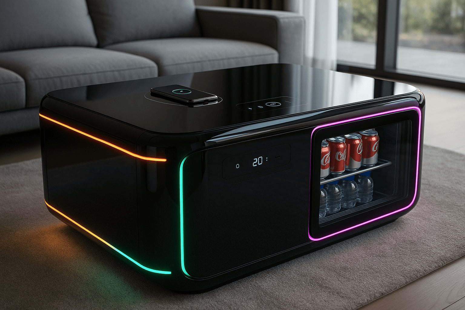 Glossy black smart coffee table with RGB LED trim, built-in drinks fridge and charging pad in living room